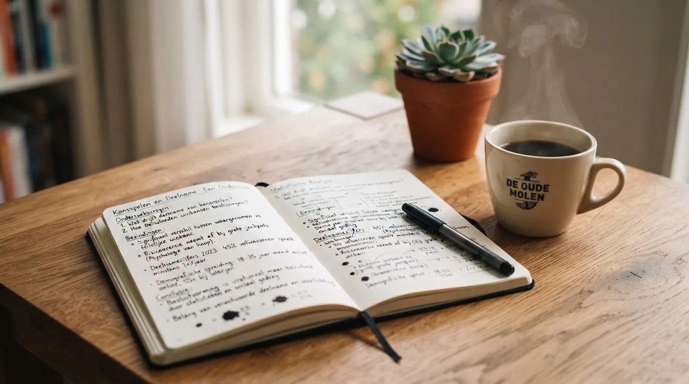 Een opengeslagen notitieboek ligt op een houten bureau naast een kop koffie, in zacht daglicht.