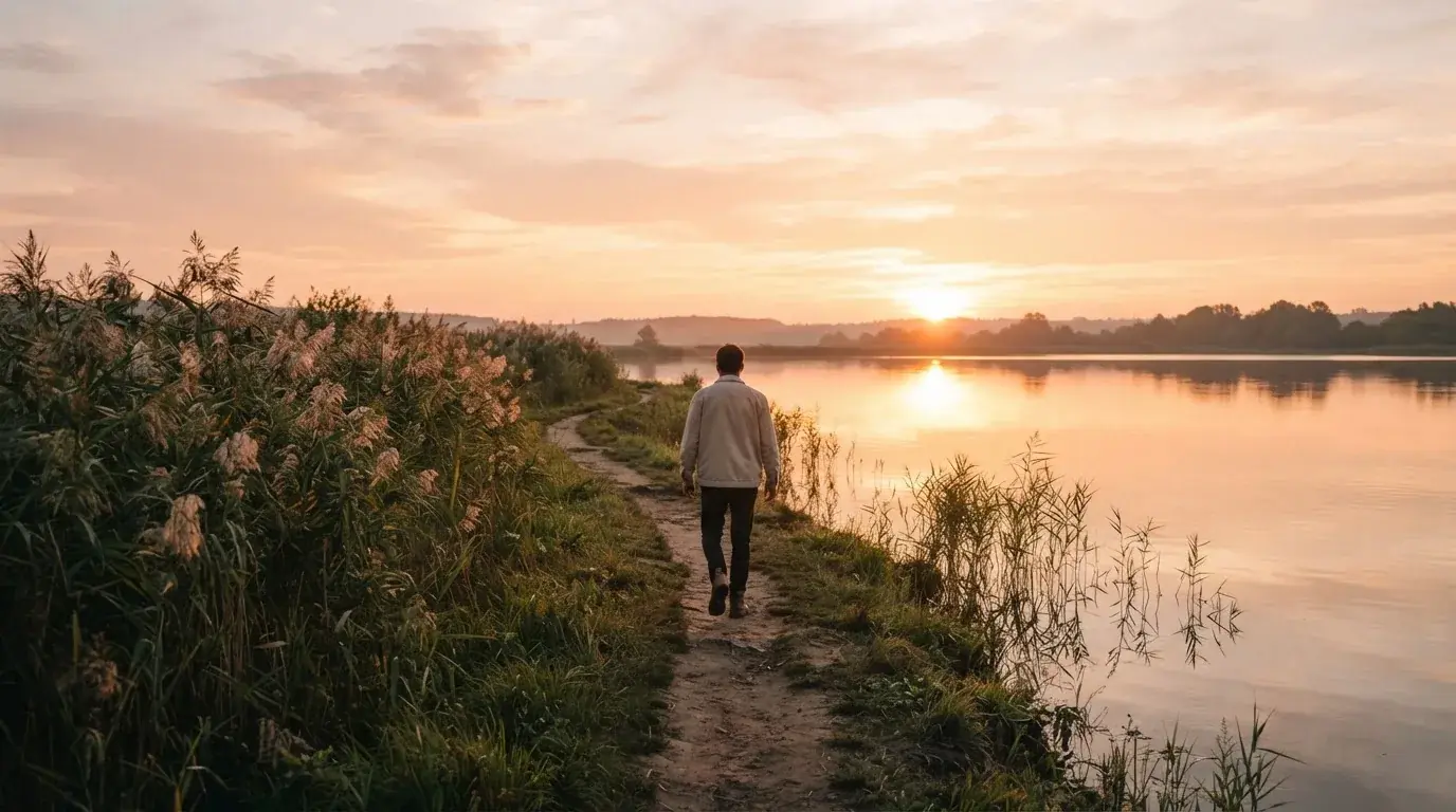Een persoon loopt alleen langs het water tijdens een rustige wandeling bij zonsondergang.